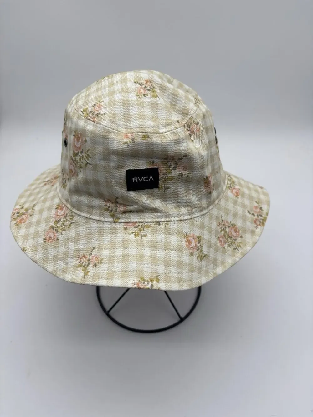 RVCA Women's Reversible Location Bucket Hat Gingham Floral Cream Pink S/M EUC